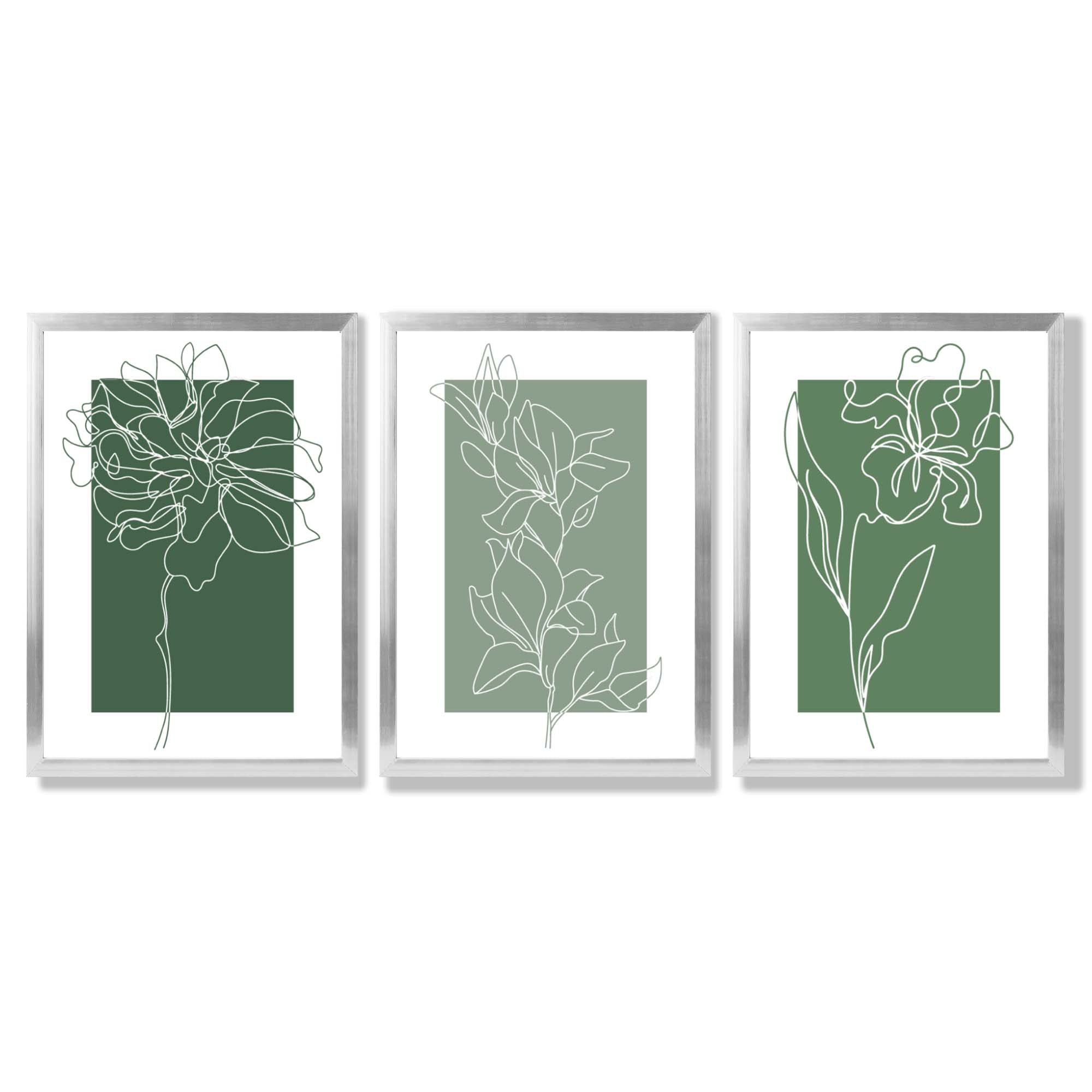 Minimal Sketch Flowers on Green Shades Set of 3 Framed Art Prints with Silver Wood Frames