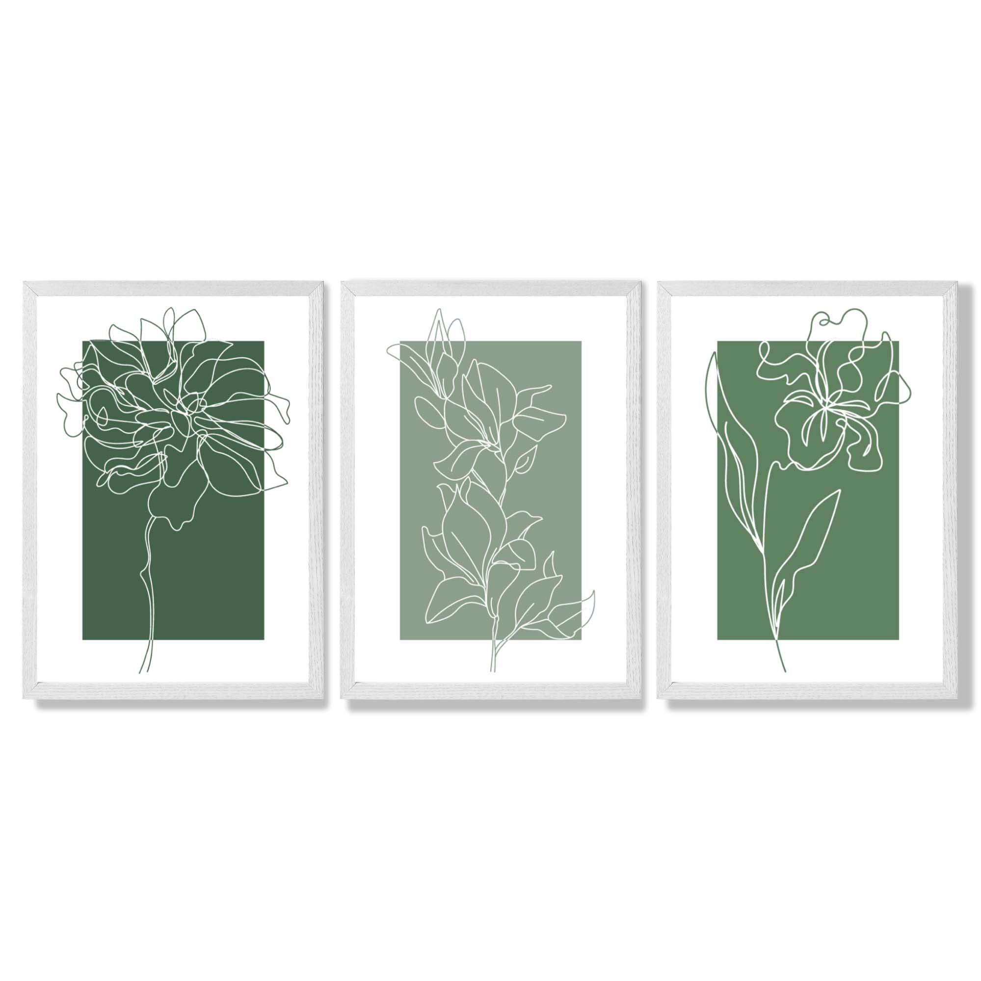 Minimal Sketch Flowers on Green Shades Set of 3 Framed Art Prints with White Wooden Frames
