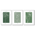 Minimal Sketch Flowers on Green Shades Set of 3 Framed Art Prints with White Wooden Frames