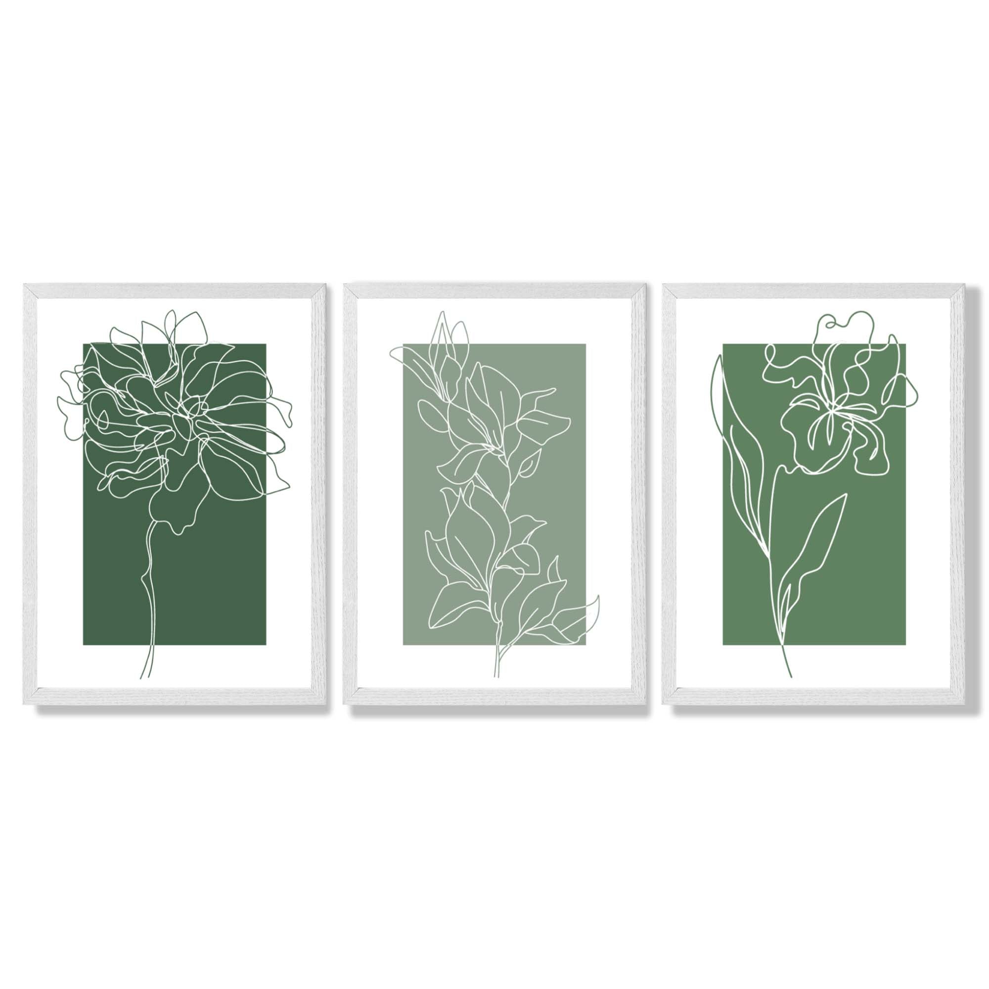 Minimal Sketch Flowers on Green Shades Set of 3 Framed Art Prints with White Wooden Frames