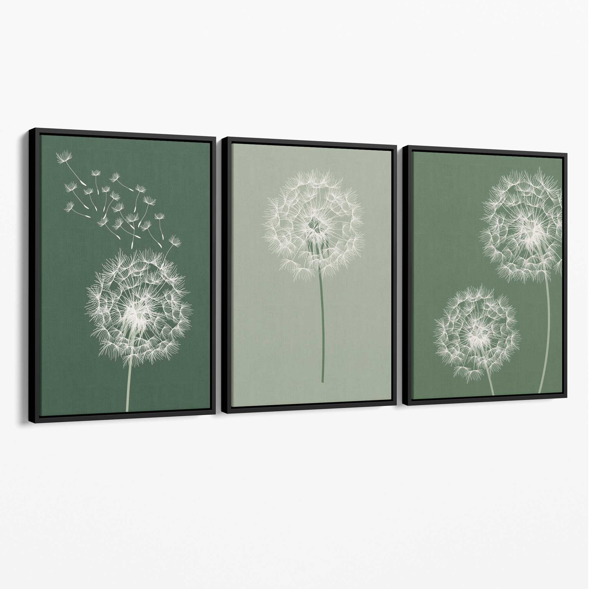 Dandelions Sketch on Green Shades Set of 3 Canvas Art Prints with Black Float Frame