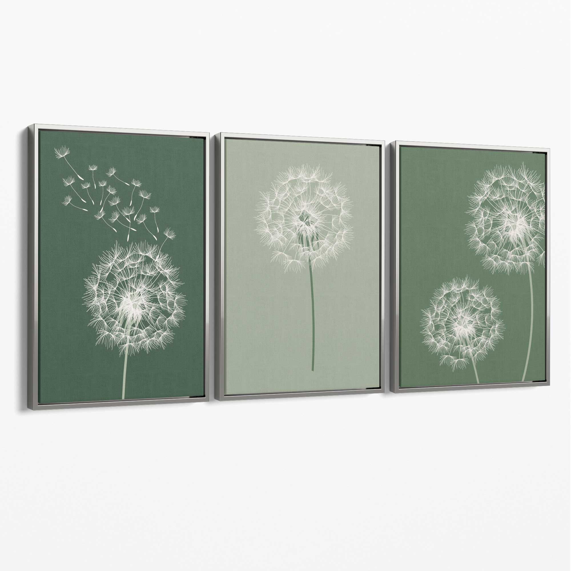Dandelions Sketch on Green Shades Set of 3 Canvas Art Prints with Silver Float Frame