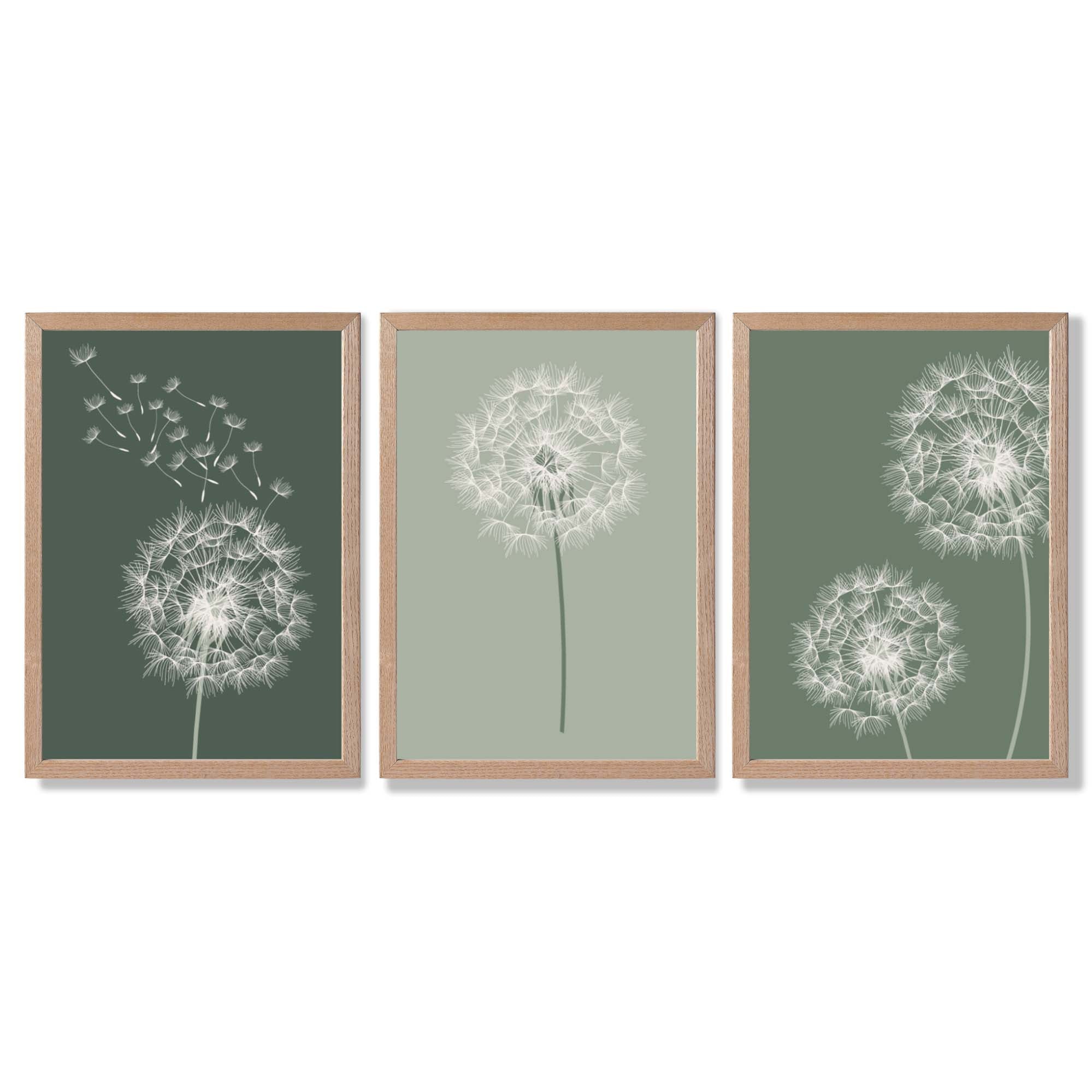 Dandelions Sketch on Green Shades Set of 3 Framed Art Prints with Light Oak Frames