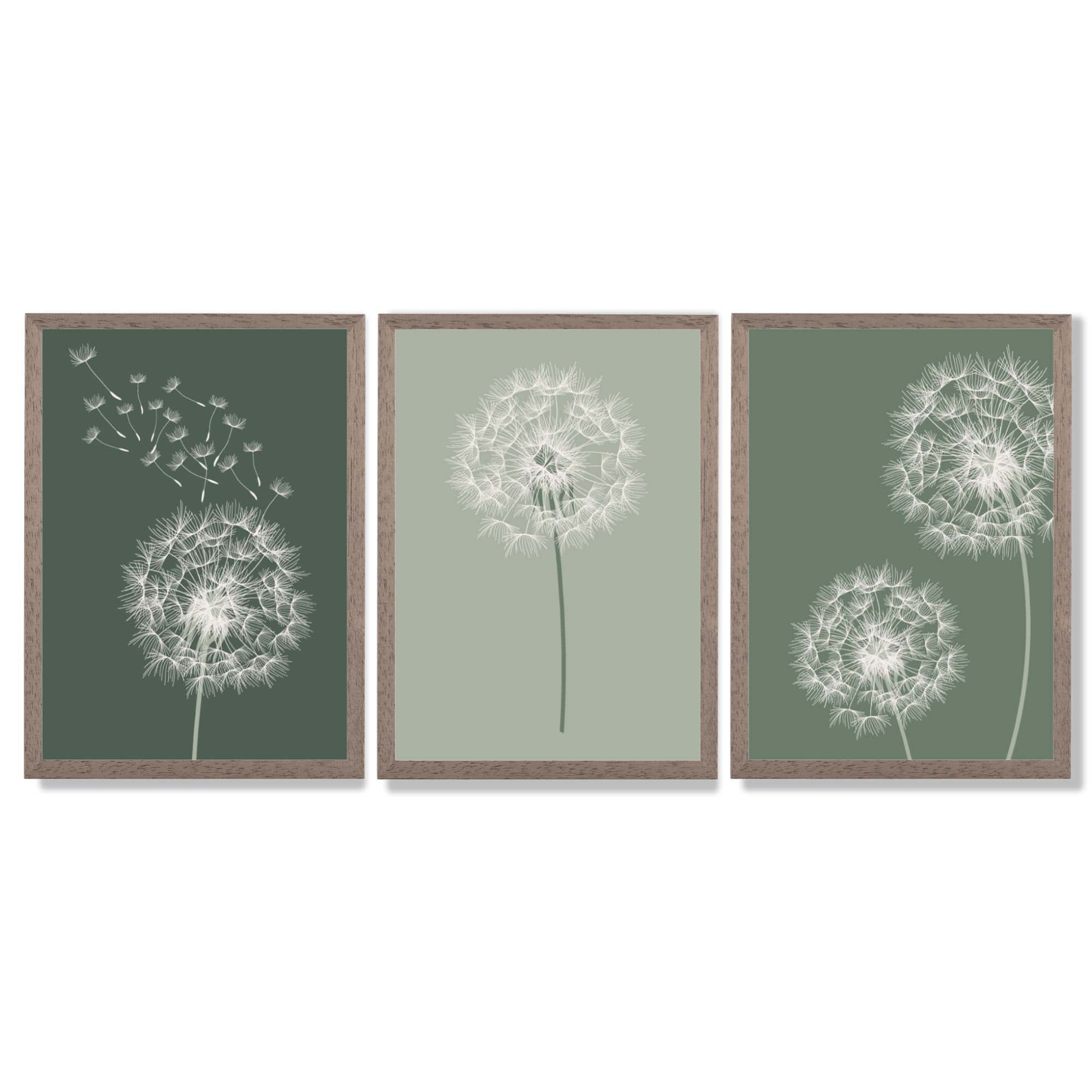 Dandelions Sketch on Green Shades Set of 3 Framed Art Prints with Light Walnut Frames