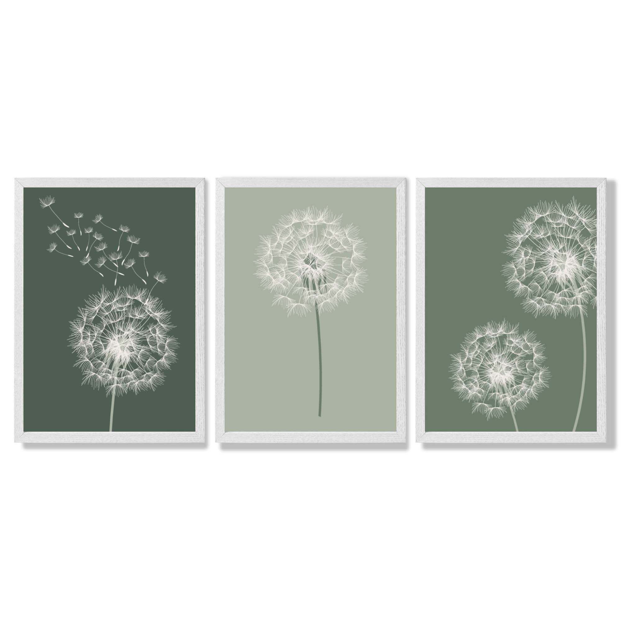 Dandelions Sketch on Green Shades Set of 3 Framed Art Prints with White Wooden Frames