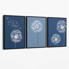 Dandelions Sketch on Blue Shades Set of 3 Canvas Art Prints with Black Float Frame