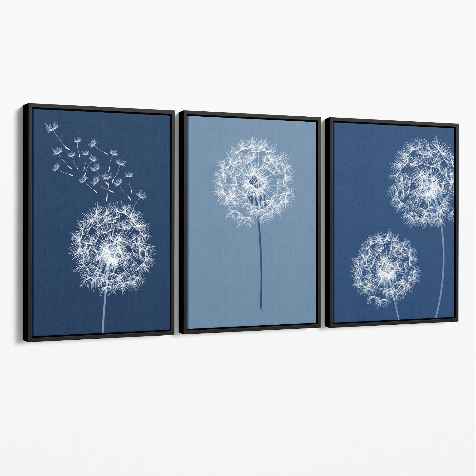 Dandelions Sketch on Blue Shades Set of 3 Canvas Art Prints with Black Float Frame
