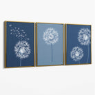 Dandelions Sketch on Blue Shades Set of 3 Canvas Art Prints with Gold Float Frame