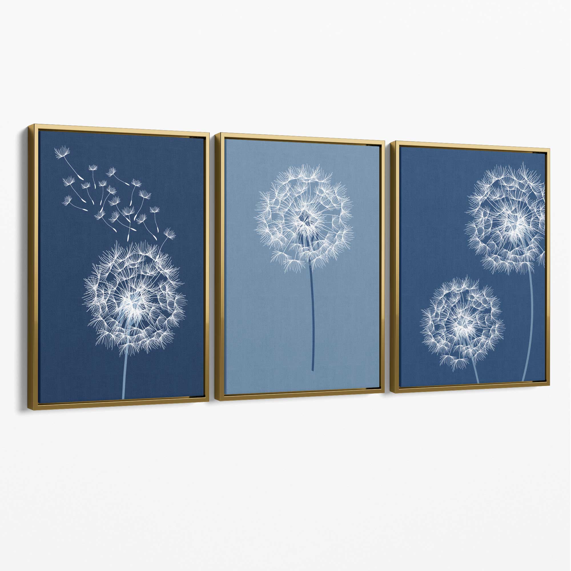 Dandelions Sketch on Blue Shades Set of 3 Canvas Art Prints with Gold Float Frame