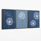Dandelions Sketch on Blue Shades Set of 3 Canvas Art Prints with Grey Float Frame