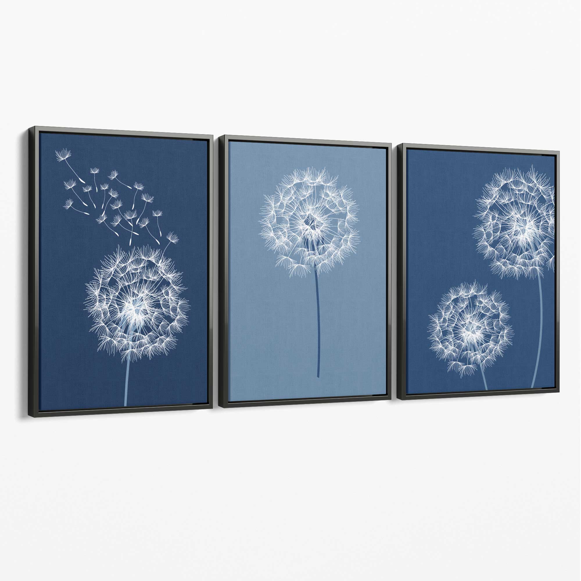Dandelions Sketch on Blue Shades Set of 3 Canvas Art Prints with Grey Float Frame