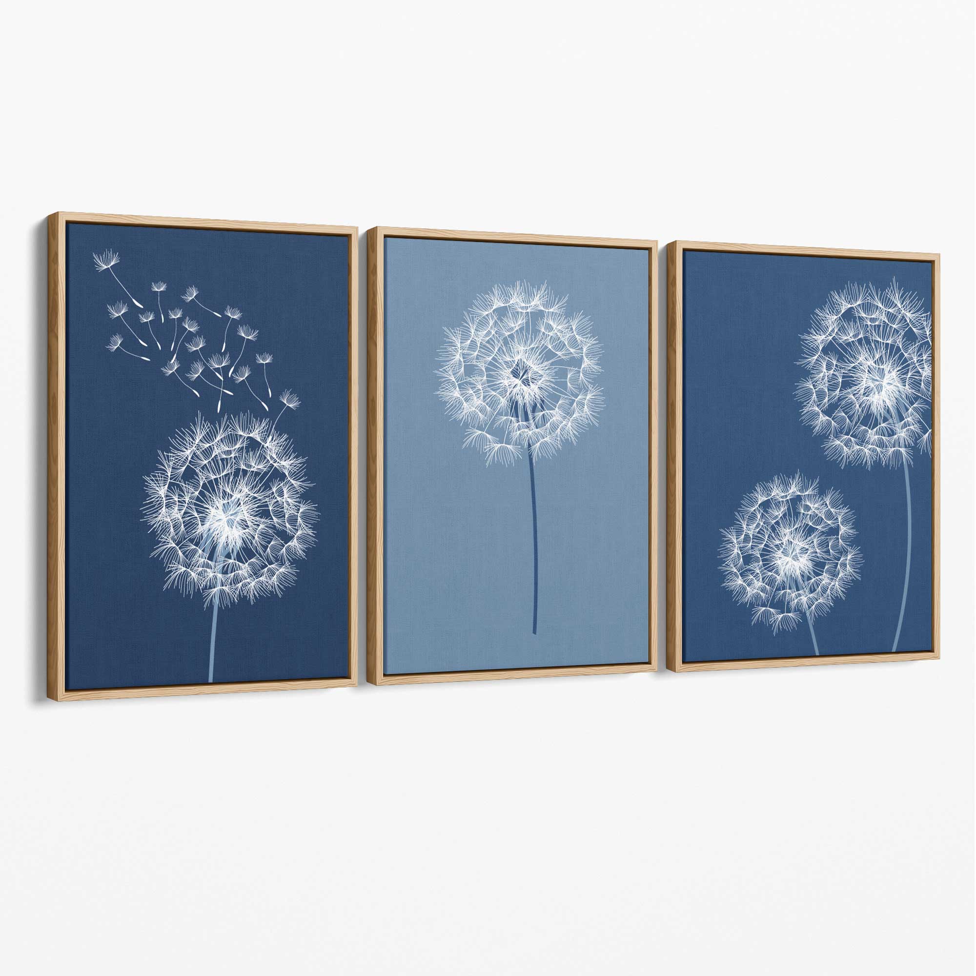 Dandelions Sketch on Blue Shades Set of 3 Canvas Art Prints with Oak Float Frame