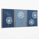 Dandelions Sketch on Blue Shades Set of 3 Canvas Art Prints with Silver Float Frame