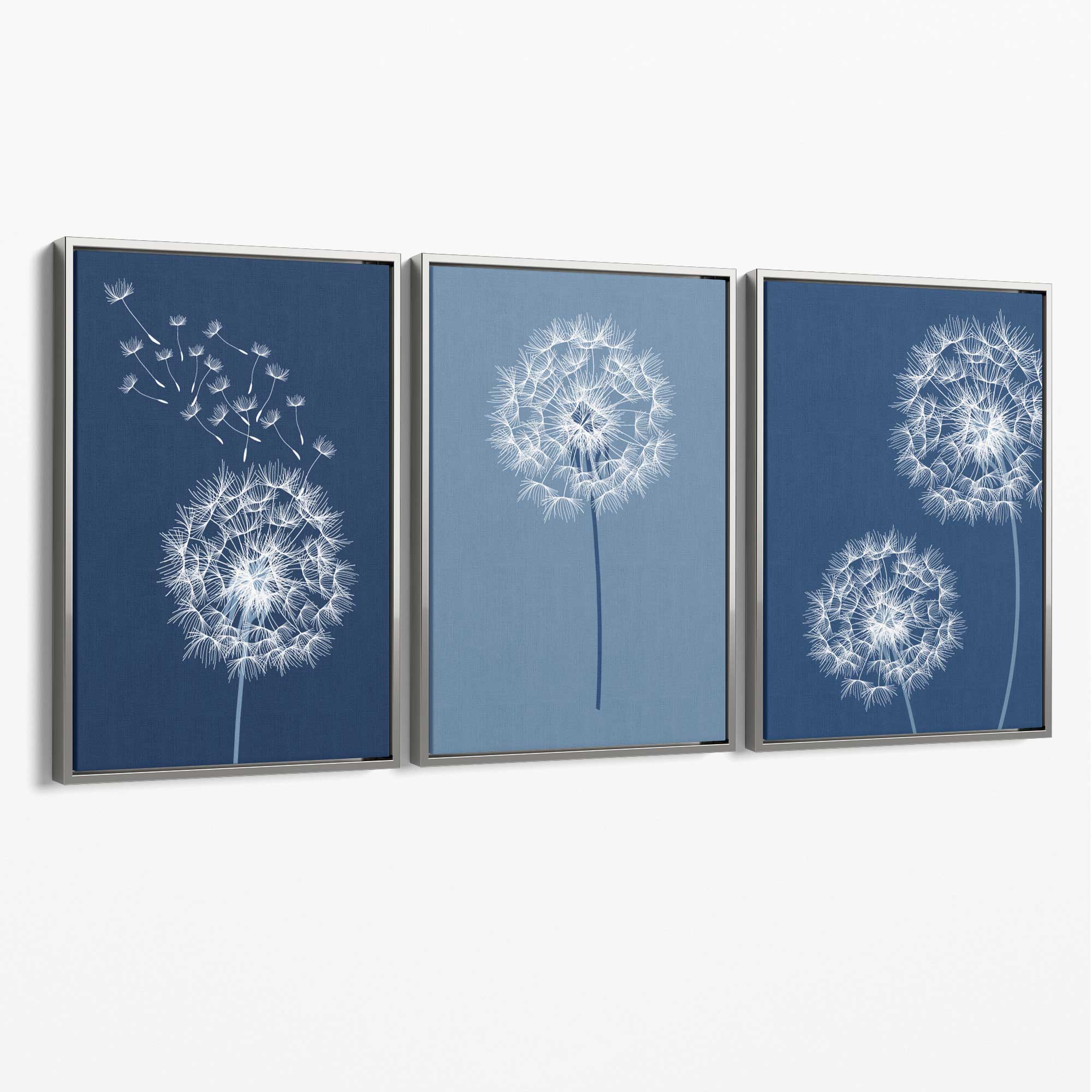 Dandelions Sketch on Blue Shades Set of 3 Canvas Art Prints with Silver Float Frame