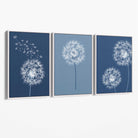 Dandelions Sketch on Blue Shades Set of 3 Canvas Art Prints with White Float Frame
