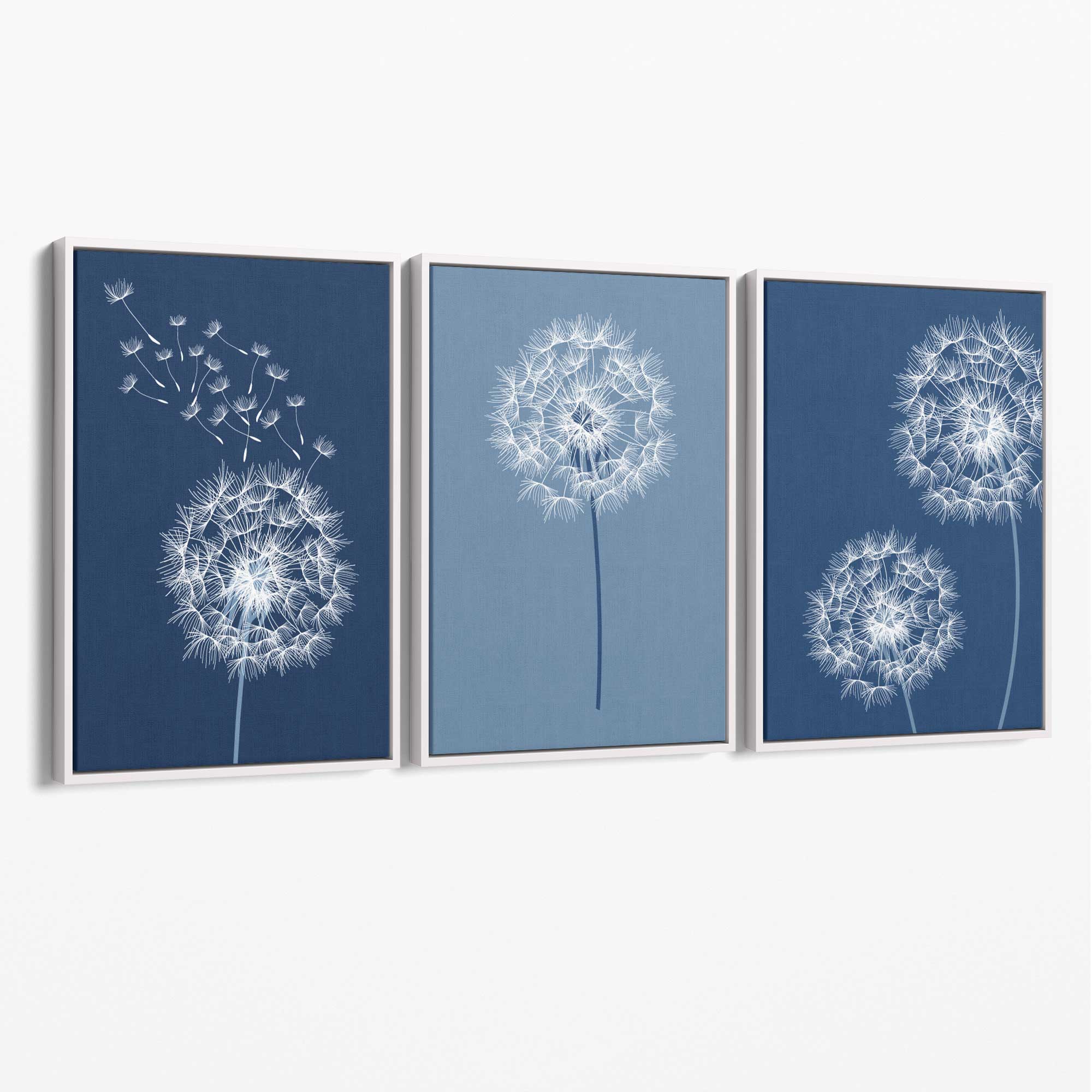 Dandelions Sketch on Blue Shades Set of 3 Canvas Art Prints with White Float Frame