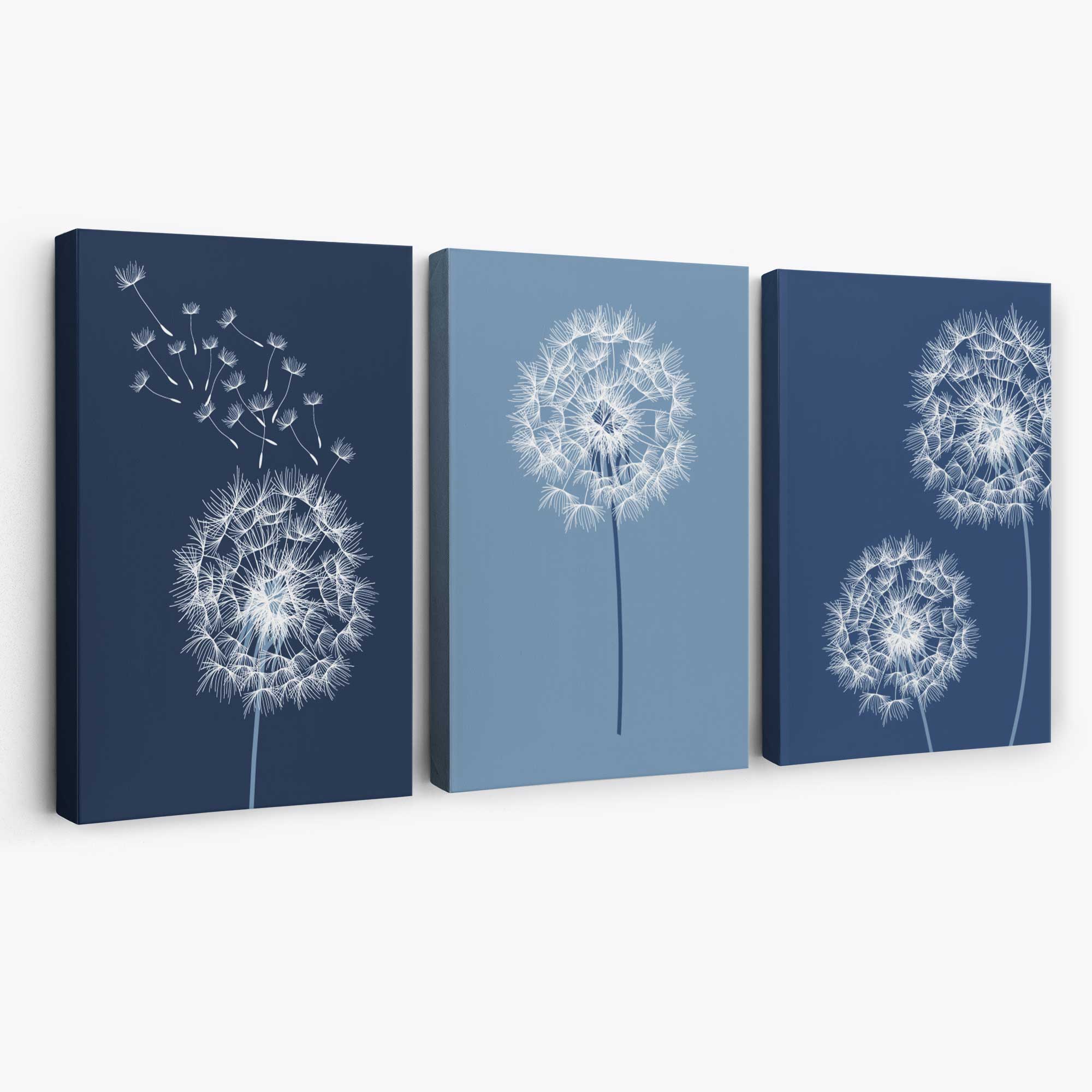 Dandelions Sketch on Blue Shades Set of 3 Canvas Art Prints | Artze Wall Art