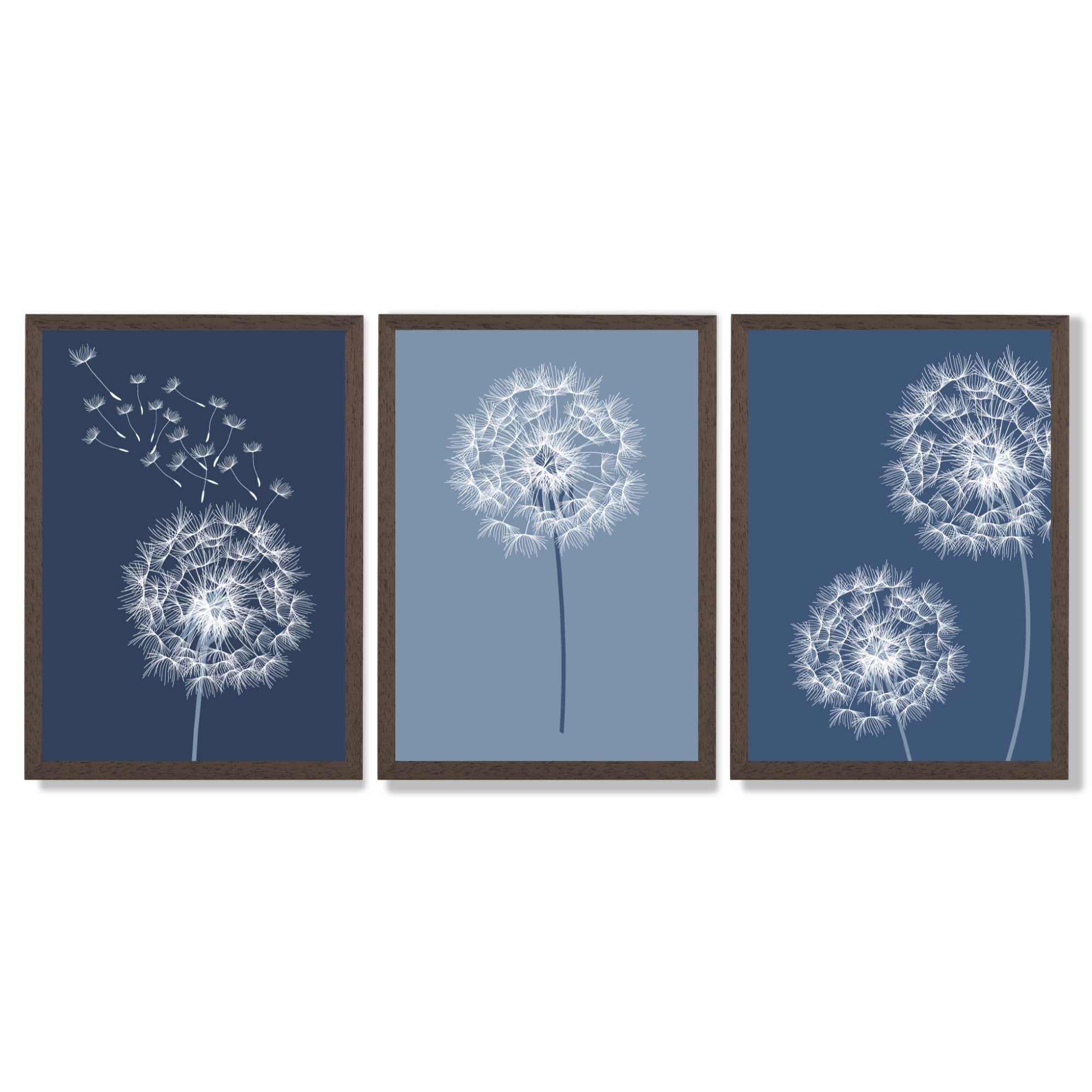 Dandelions Sketch on Blue Shades Set of 3 Framed Art Prints with Dark Wood Frames
