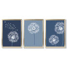 Dandelions Sketch on Blue Shades Set of 3 Framed Art Prints with Gold Wood Frames