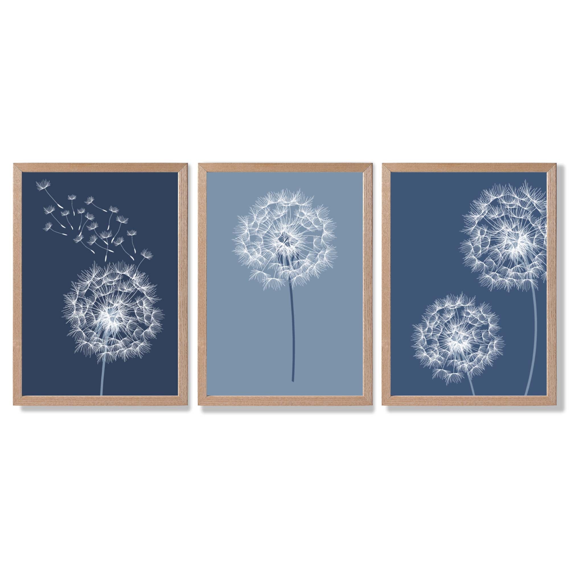 Dandelions Sketch on Blue Shades Set of 3 Framed Art Prints with Light Oak Frames