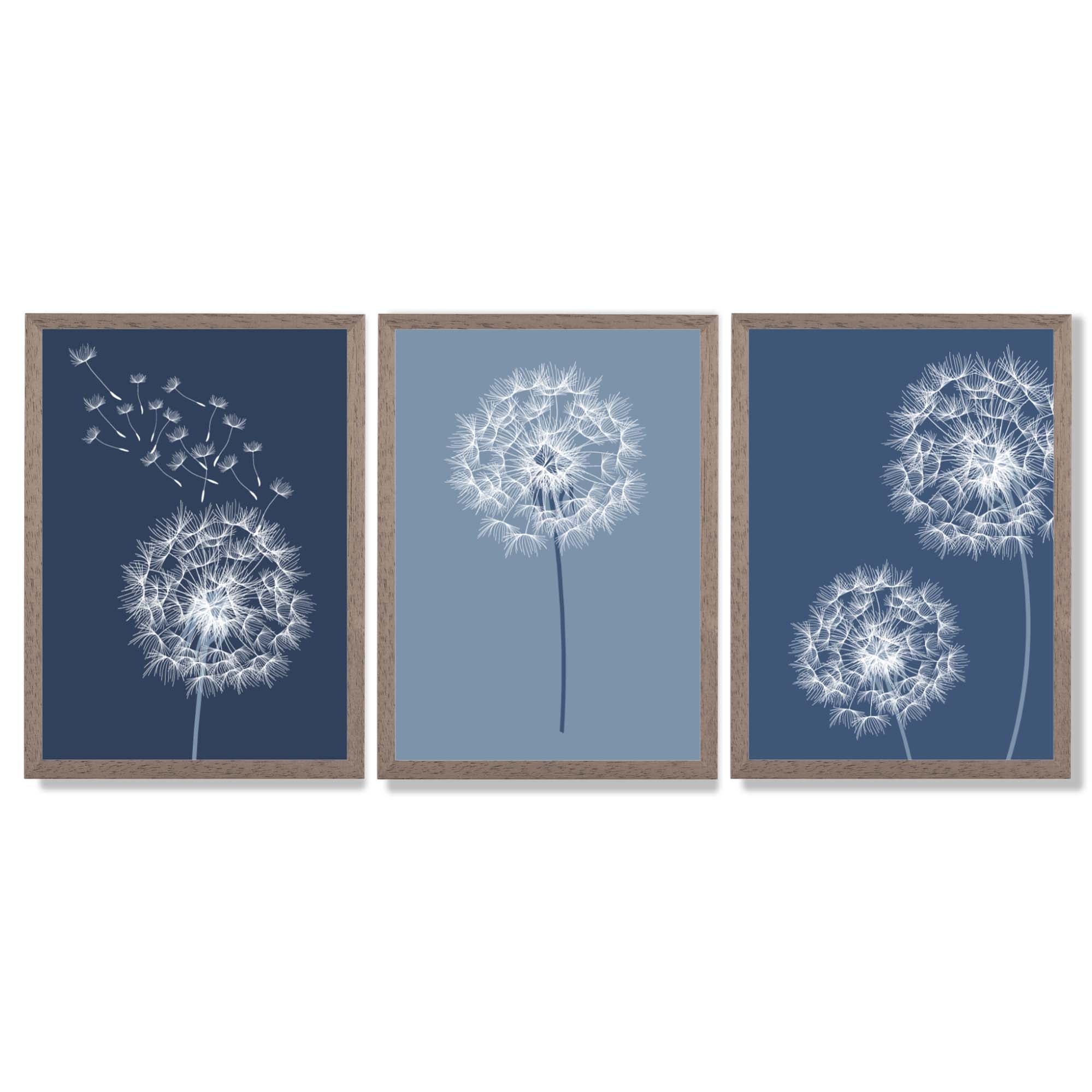 Dandelions Sketch on Blue Shades Set of 3 Framed Art Prints with Light Walnut Frames