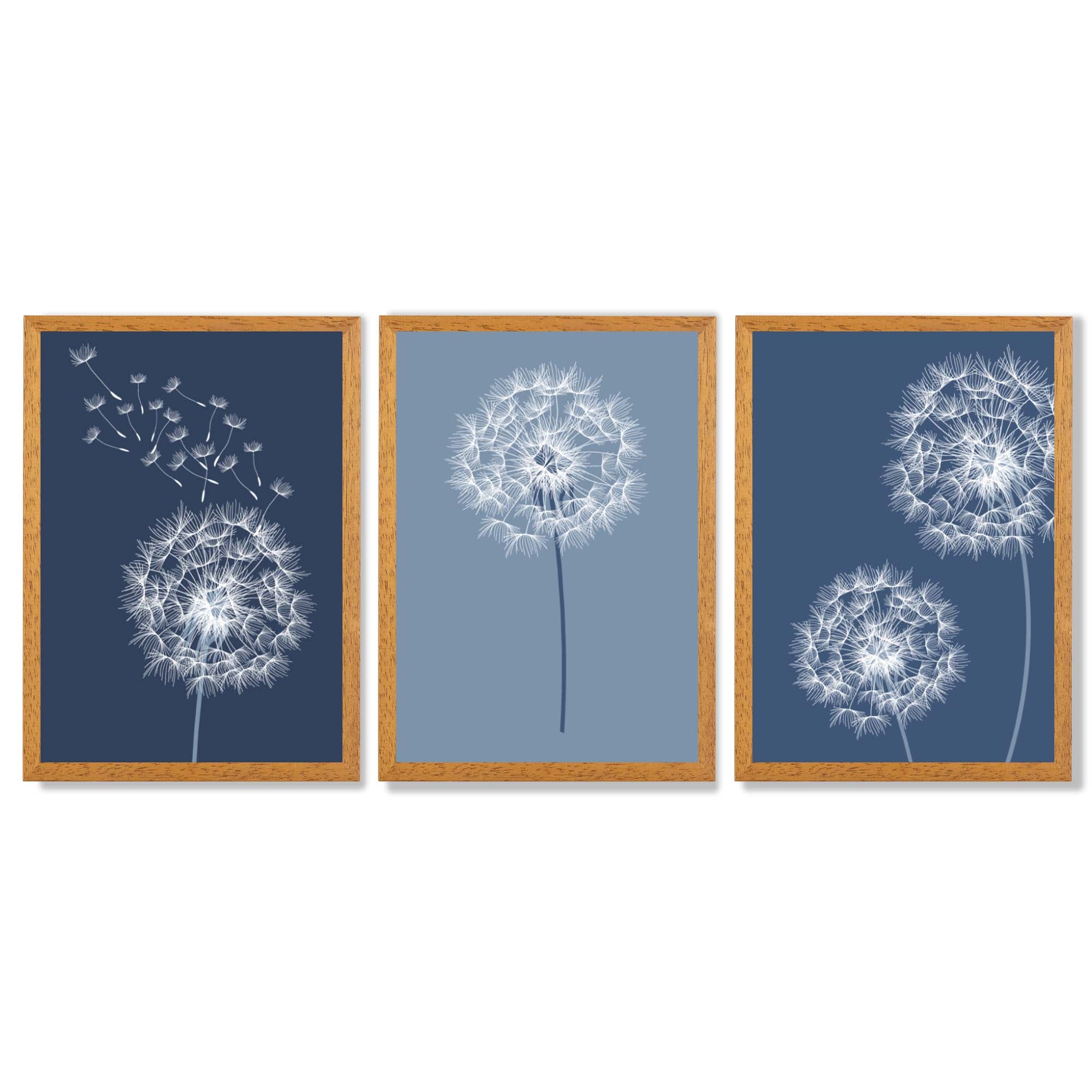 Dandelions Sketch on Blue Shades Set of 3 Framed Art Prints with Oak Wooden Frames