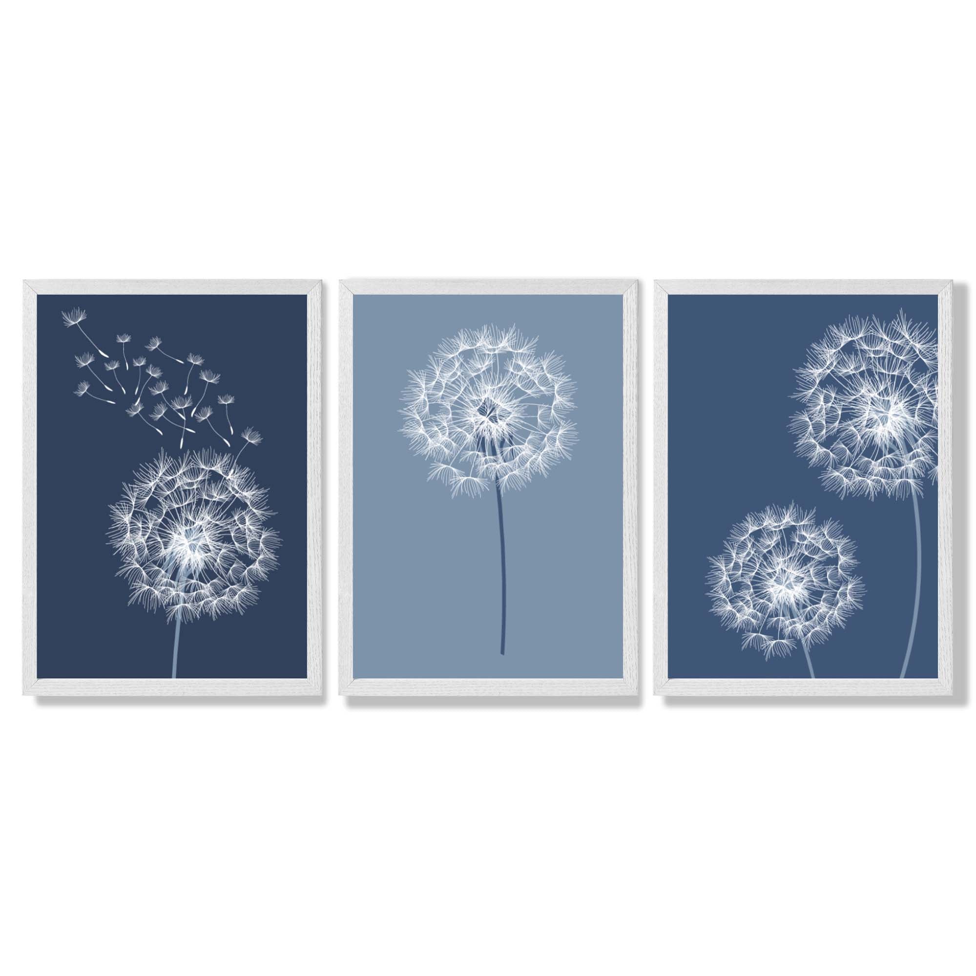 Dandelions Sketch on Blue Shades Set of 3 Framed Art Prints with White Wooden Frames