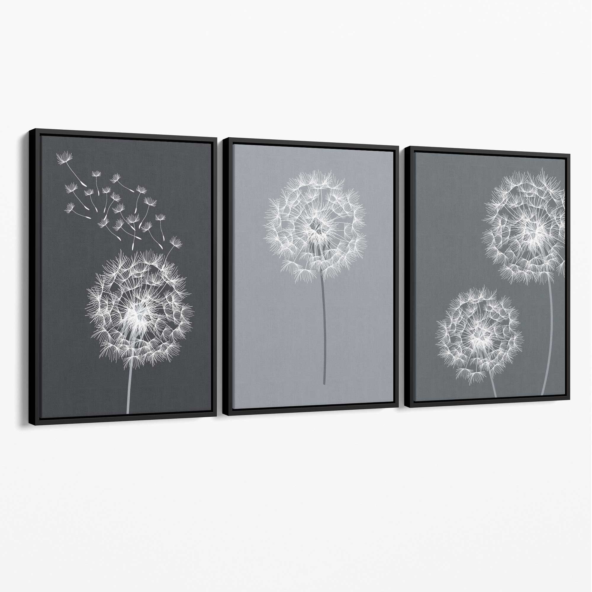 Dandelions Sketch on Grey Shades Set of 3 Canvas Art Prints with Black Float Frame