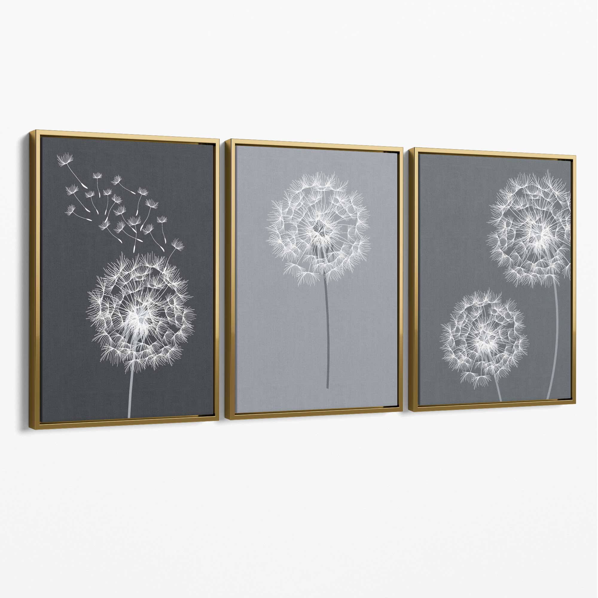 Dandelions Sketch on Grey Shades Set of 3 Canvas Art Prints with Gold Float Frame