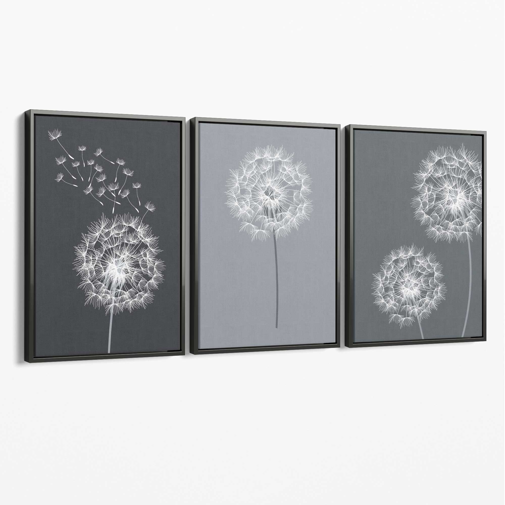 Dandelions Sketch on Grey Shades Set of 3 Canvas Art Prints with Grey Float Frame