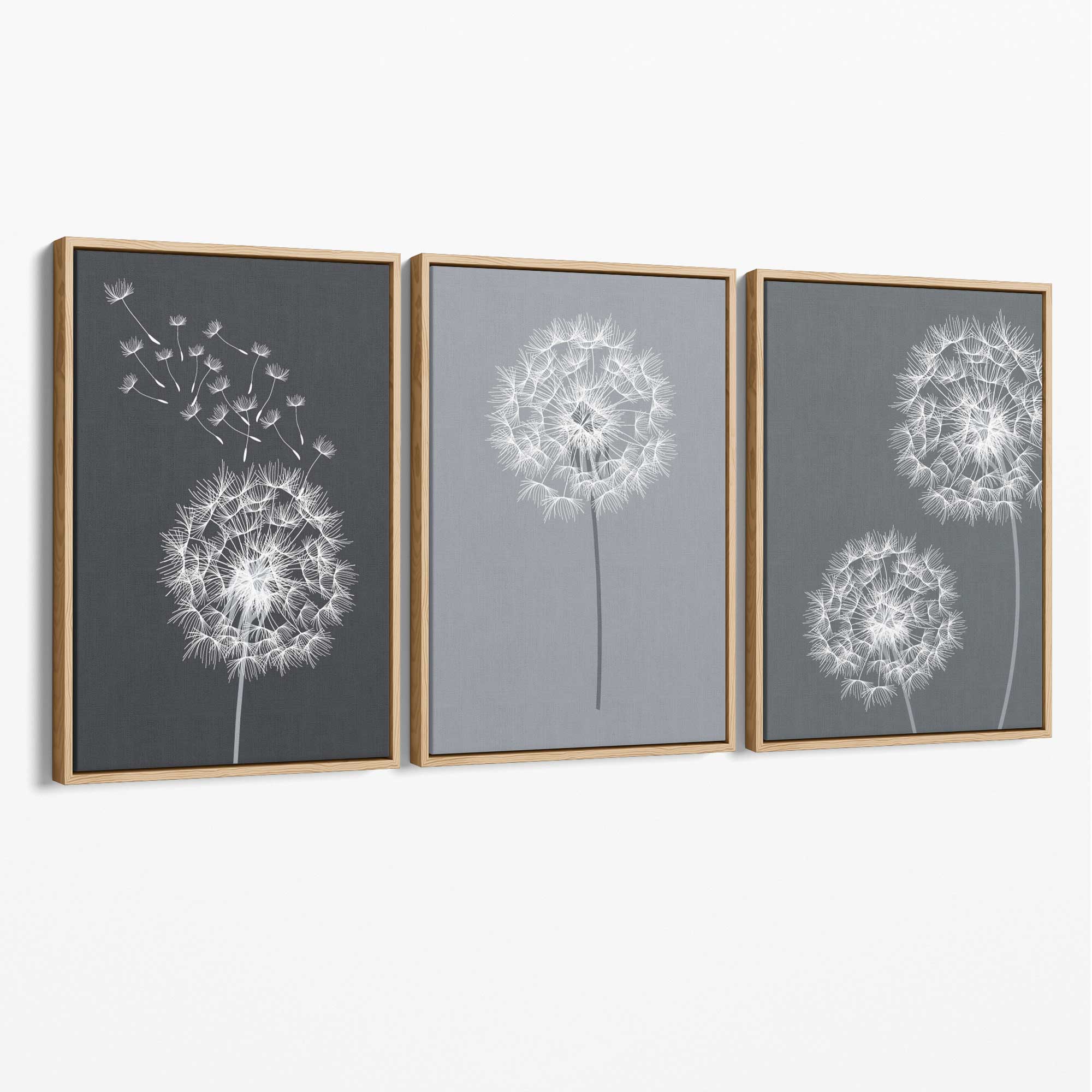 Dandelions Sketch on Grey Shades Set of 3 Canvas Art Prints with Oak Float Frame
