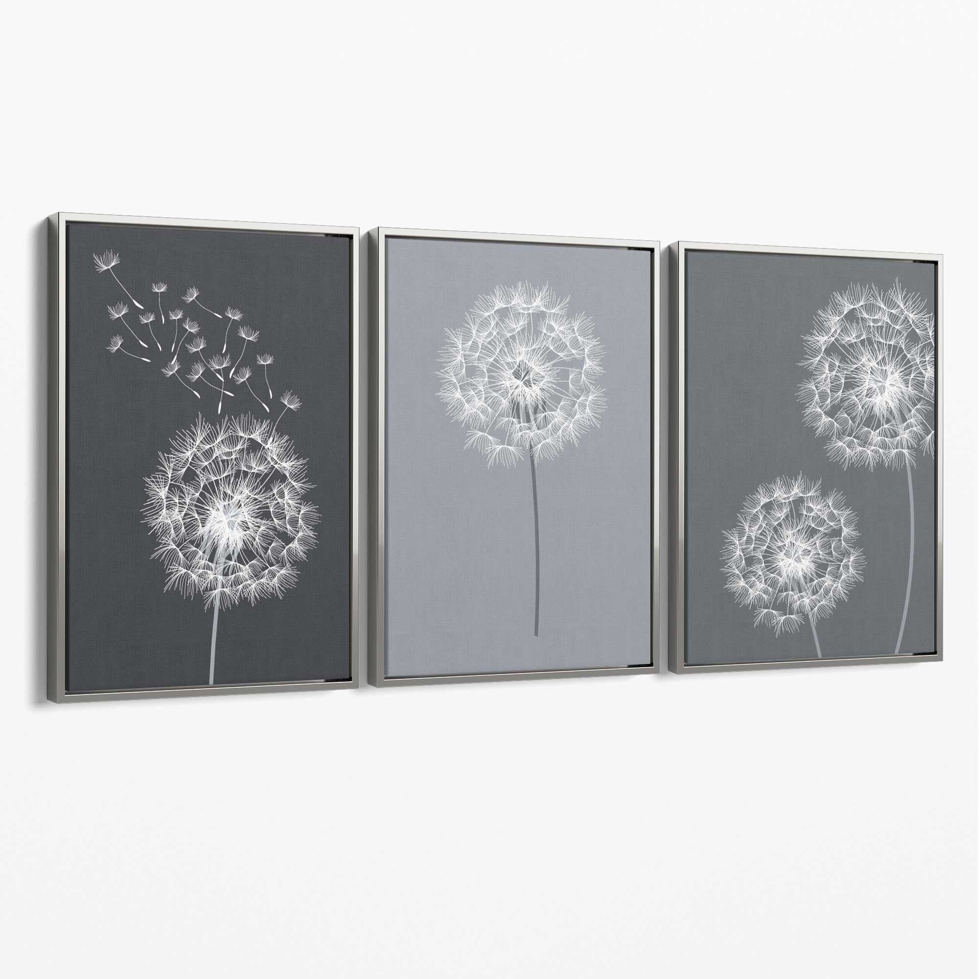 Dandelions Sketch on Grey Shades Set of 3 Canvas Art Prints with Silver Float Frame