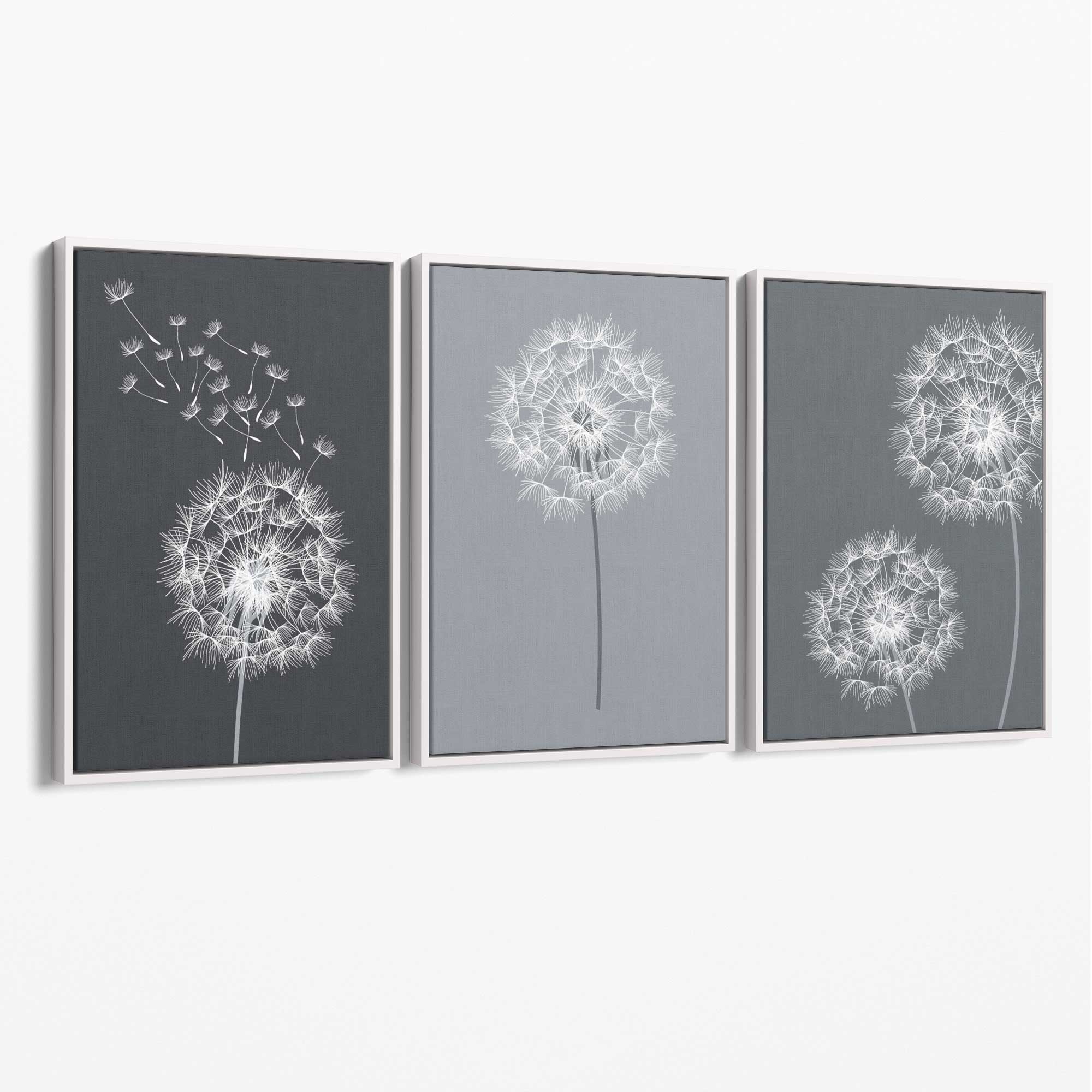 Dandelions Sketch on Grey Shades Set of 3 Canvas Art Prints with White Float Frame