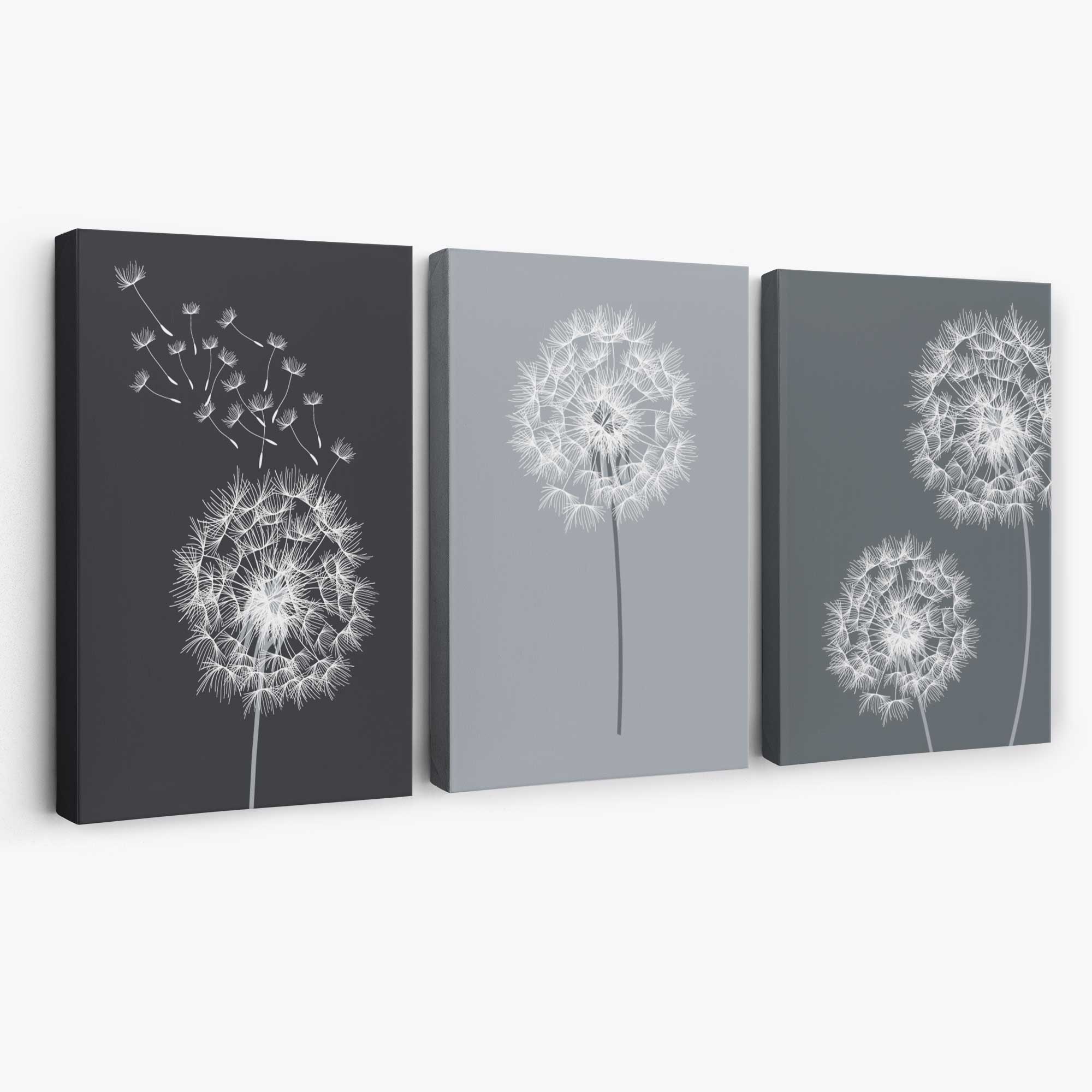 Dandelions Sketch on Grey Shades Set of 3 Canvas Art Prints | Artze Wall Art