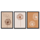 Dandelions Sketch on Beige and Orange Set of 3 Framed Art Prints with Black Wooden Frames