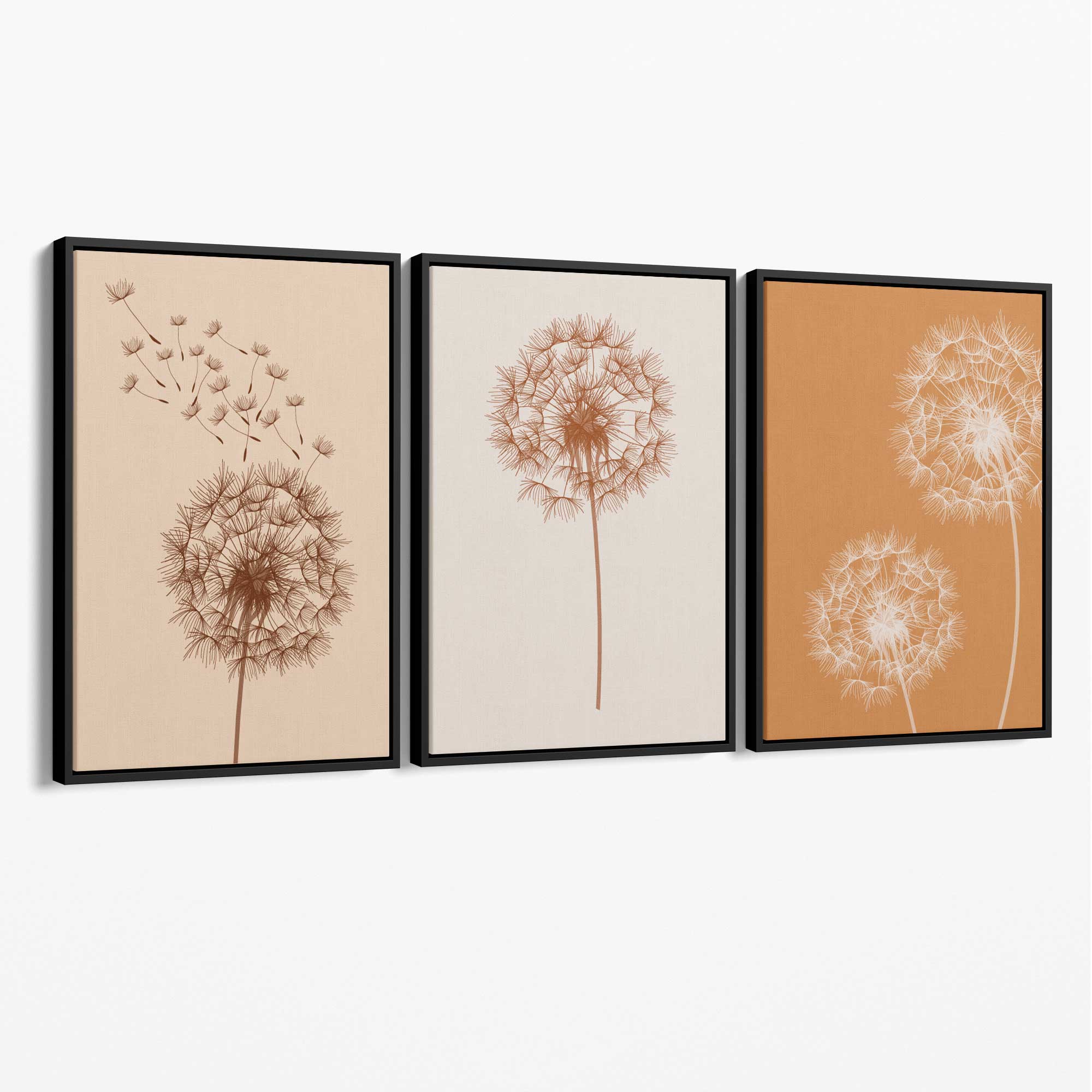 Dandelions Sketch on Beige and Orange Set of 3 Canvas Art Prints with Black Float Frame