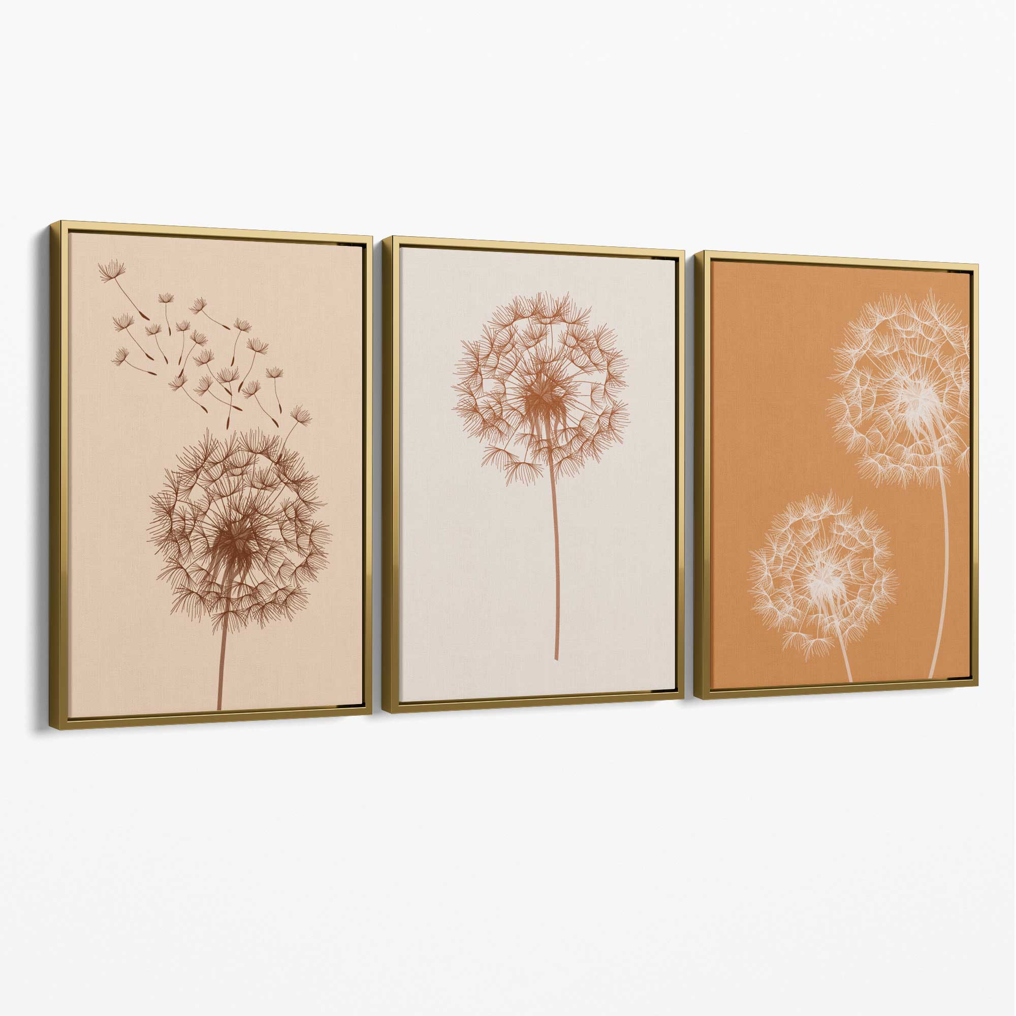 Dandelions Sketch on Beige and Orange Set of 3 Canvas Art Prints with Gold Float Frame