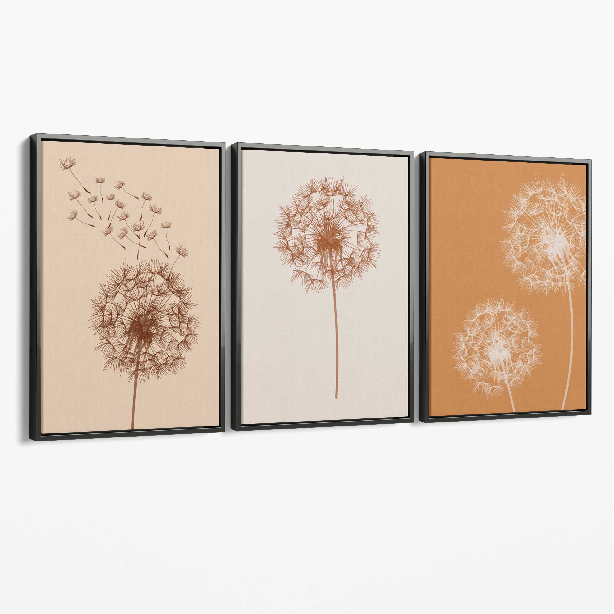Dandelions Sketch on Beige and Orange Set of 3 Canvas Art Prints with Grey Float Frame