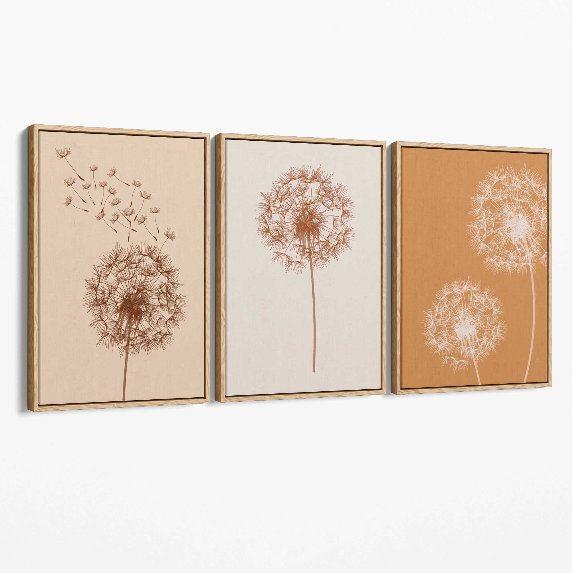 Dandelions Sketch on Beige and Orange Set of 3 Canvas Art Prints with Oak Float Frame