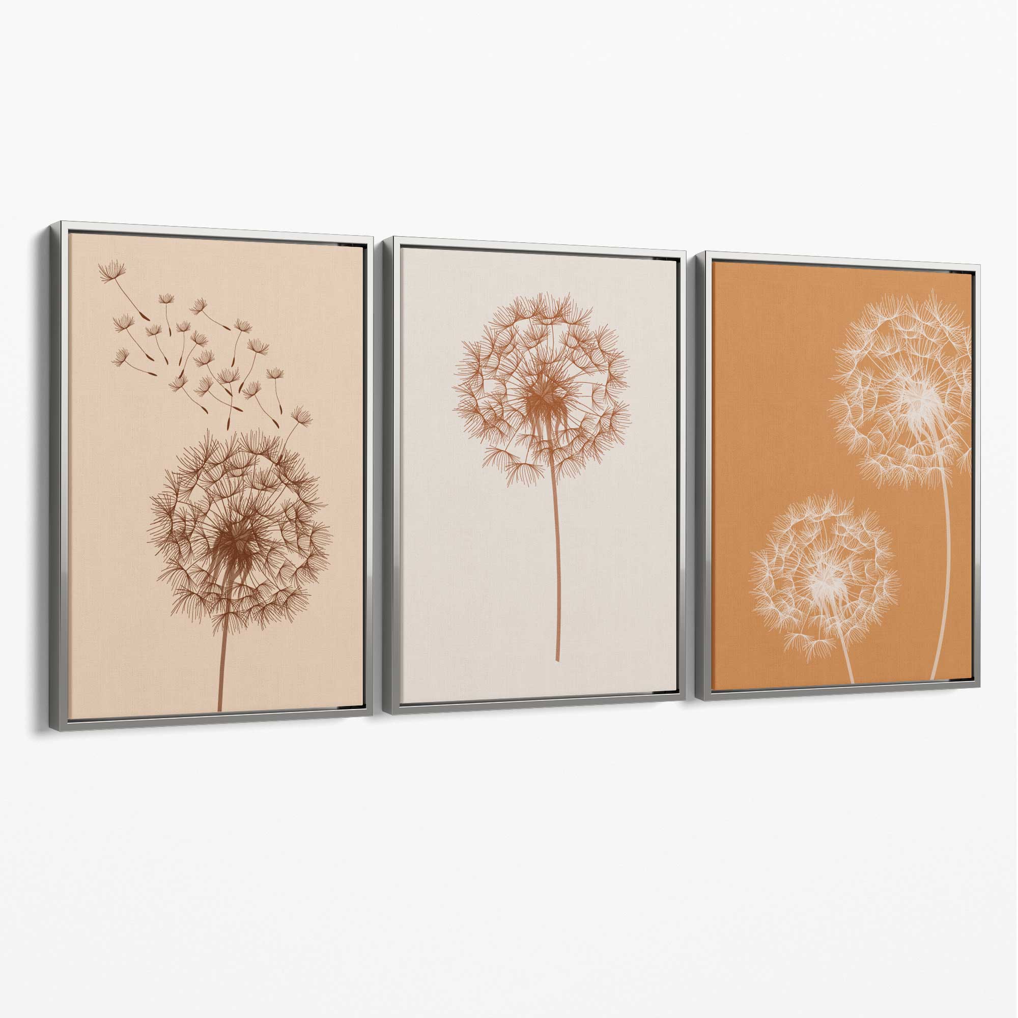 Dandelions Sketch on Beige and Orange Set of 3 Canvas Art Prints with Silver Float Frame