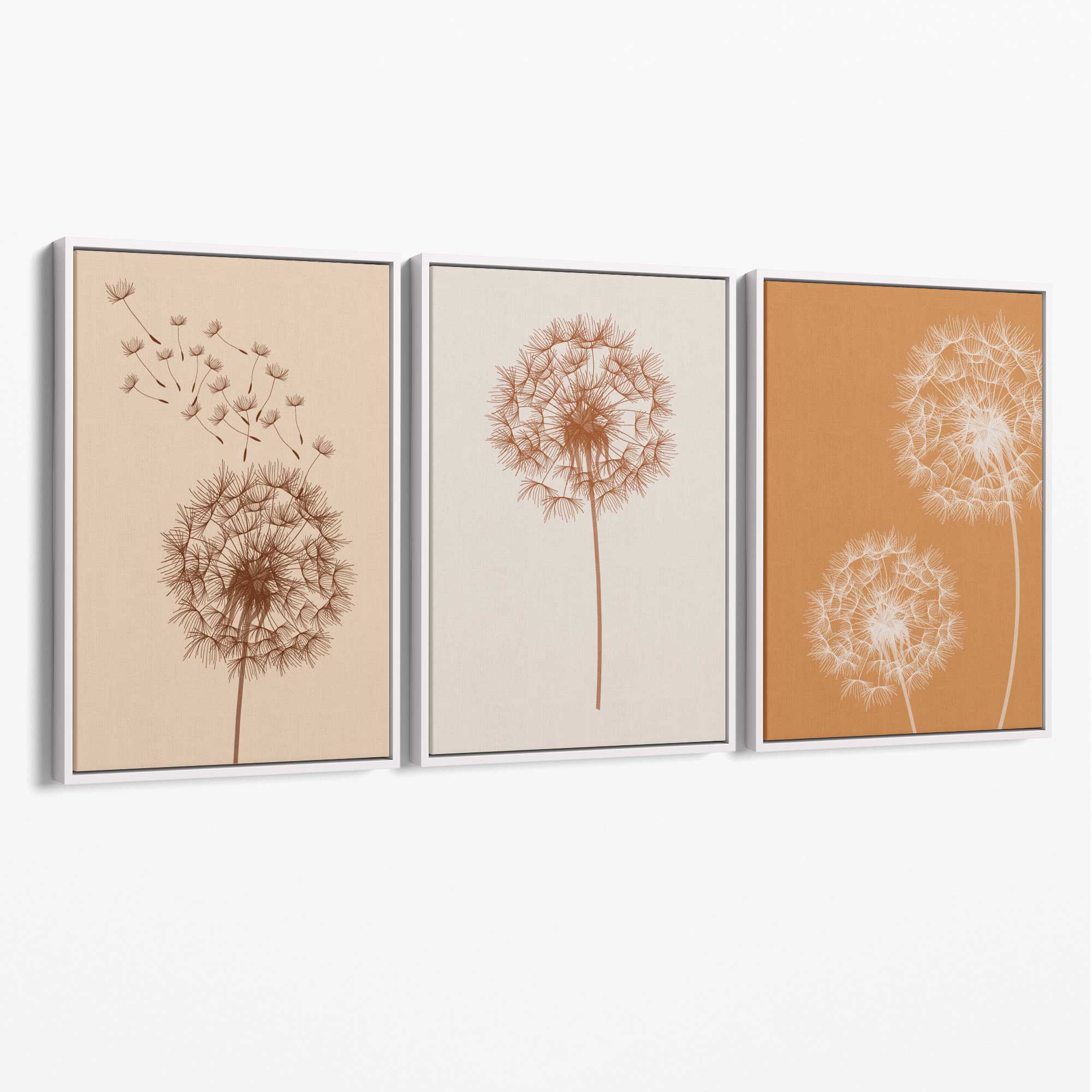 Dandelions Sketch on Beige and Orange Set of 3 Canvas Art Prints with White Float Frame