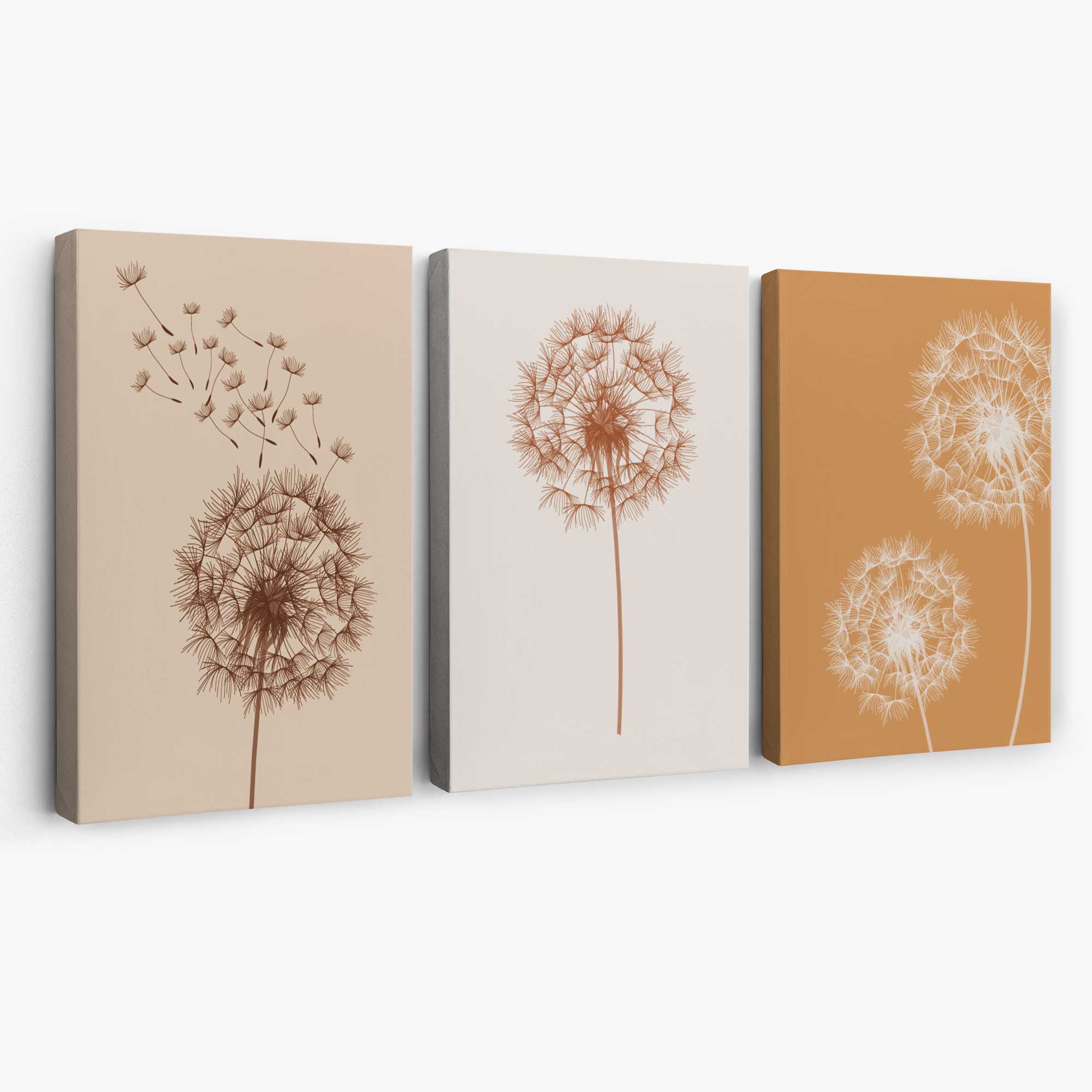 Dandelions Sketch on Beige and Orange Set of 3 Canvas Art Prints | Artze Wall Art