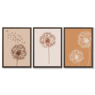 Dandelions Sketch on Beige and Orange Set of 3 Framed Art Prints with Dark Wood Frames