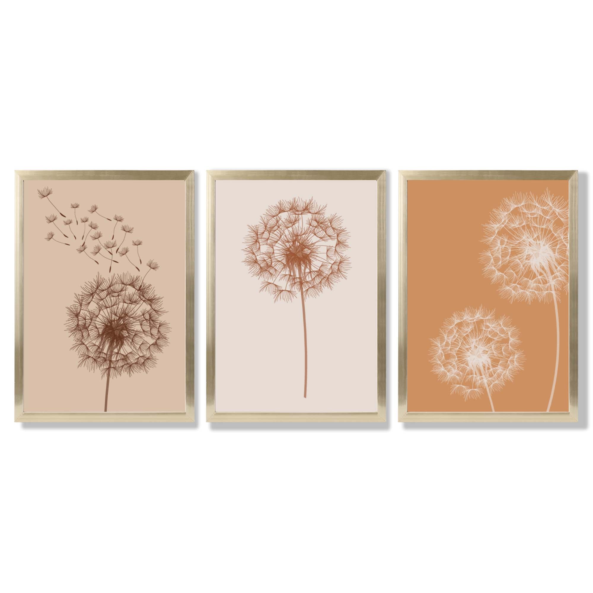 Dandelions Sketch on Beige and Orange Set of 3 Framed Art Prints with Gold Wood Frames
