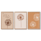 Dandelions Sketch on Beige and Orange Set of 3 Framed Art Prints with Light Oak Frames