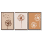 Dandelions Sketch on Beige and Orange Set of 3 Framed Art Prints with Light Walnut Frames