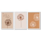 Dandelions Sketch on Beige and Orange Set of 3 Framed Art Prints with White Wooden Frames