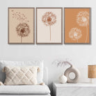 Dandelions Sketch on Beige and Orange Set of 3 Art Prints in Luxury Frames | Artze UK