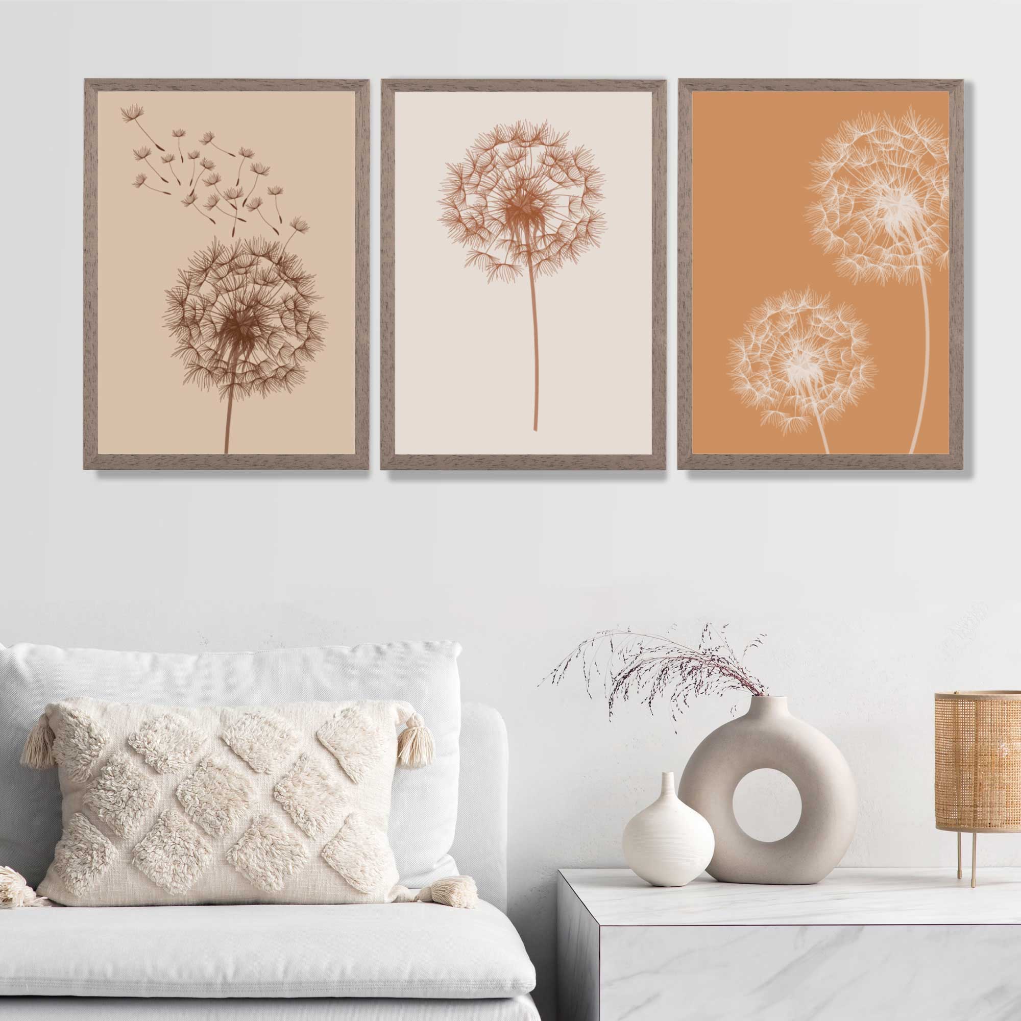 Dandelions Sketch on Beige and Orange Set of 3 Art Prints in Luxury Frames | Artze UK