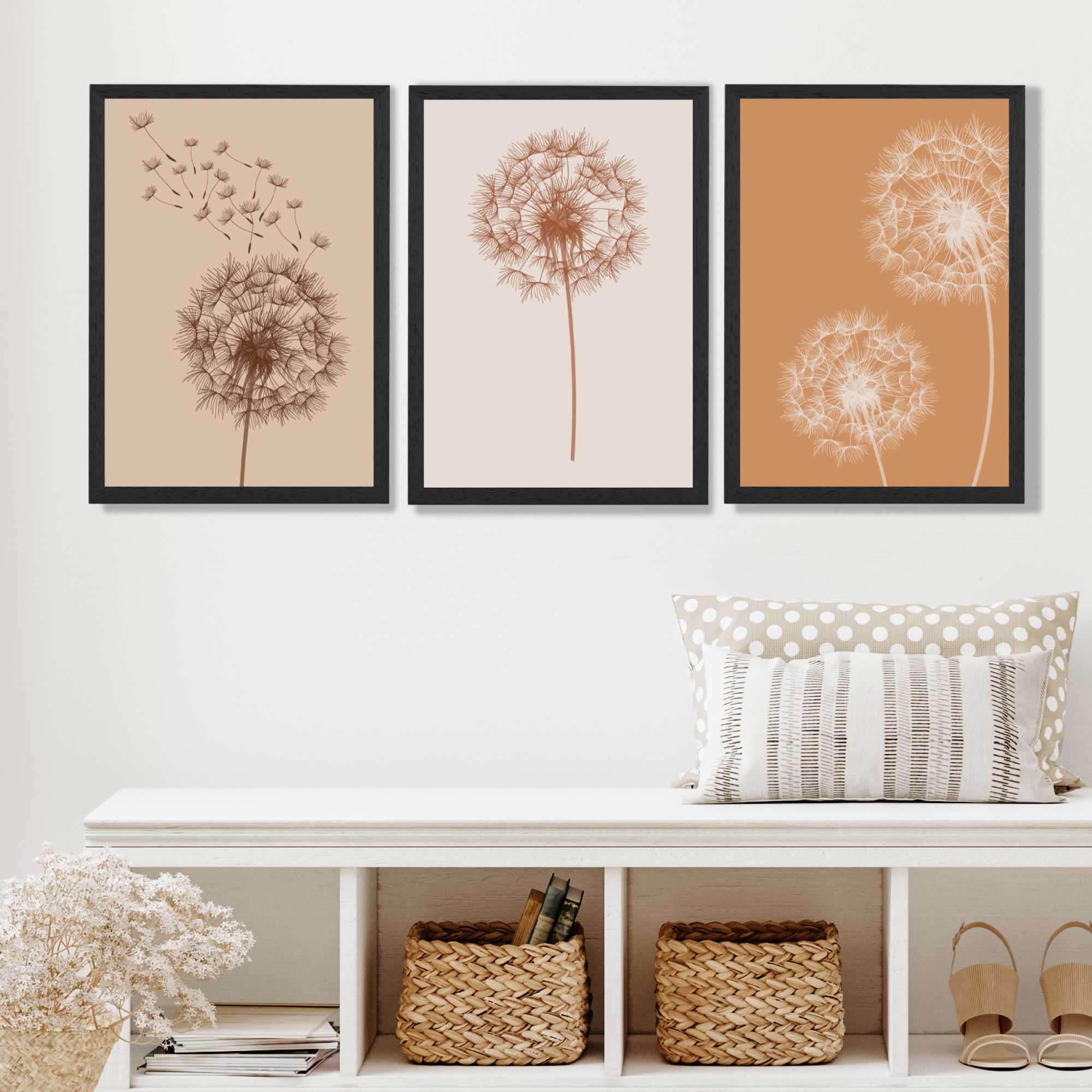 Dandelions Sketch on Beige and Orange Set of 3 Art Prints in Black Frames | Artze UK